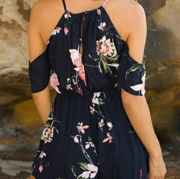 Only 1 left✨Dark Blue Floral Cold Shoulder Romper - Picture 2 of 5